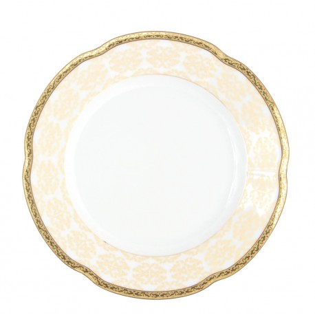 Assiette ronde plate dessert, service de table en porcelaine blanche décorée galon or - Soleil Levant