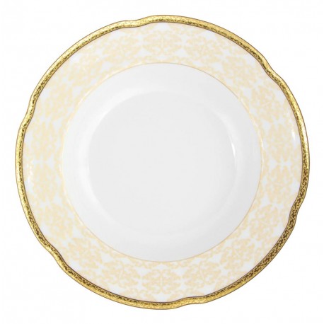 Assiette ronde creuse, service de table en porcelaine blanche décorée avec galon d'or - Soleil Levant