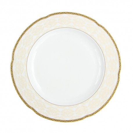 Plat rond 32 cm, service de table en porcelaine blanche décorée de galon d'or - Soleil Levant 