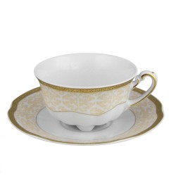 Tasse à thé 220 ml avec sa soucoupe, service de table en porcelaine blanche décorée de galon d'or - Soleil Levant 