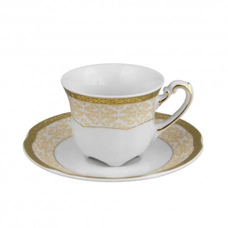 Tasse à café 100 ml avec sa soucoupe, service de table en porcelaine blanche décorée de galon d'or - Soleil Levant