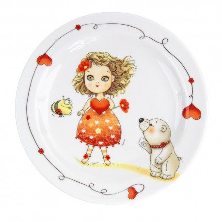 art de la table, set pour enfant, assiette plate 19 cm Coeur de Marie en porcelaine, motif petite fille et ours