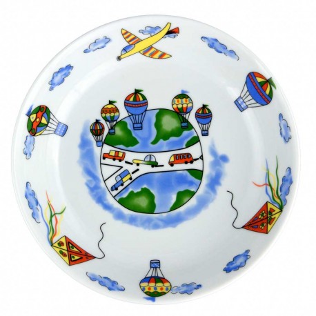 art de la table, set en porcelaine pour enfant, assiette creuse 19 cm en porcelaine Bleuet, motif avion voiture montgolfière