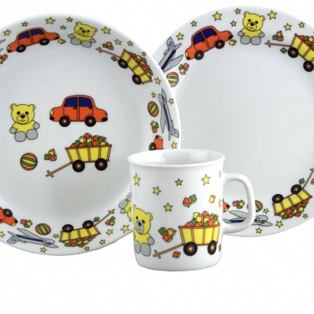 art de la table, set Mug Assiette Plate et Creuse en porcelaine Souvenirs d'enfance, motif voiture nounours