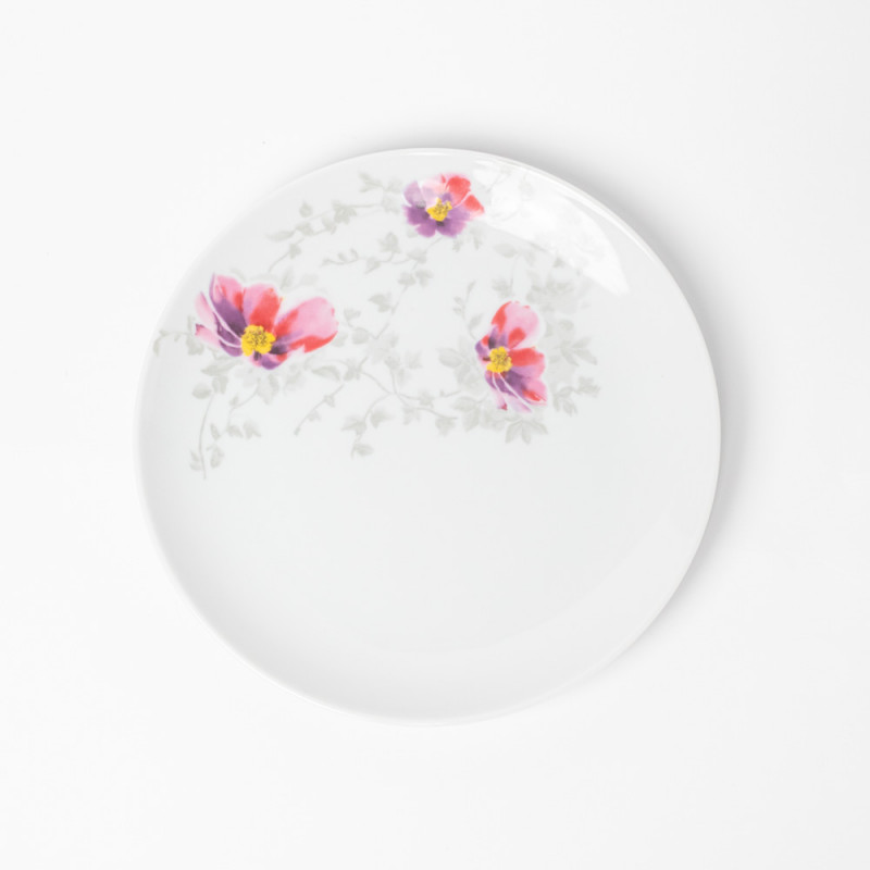 Assiette plate ronde 20,5 cm porcelaine blanche motif fuchsia et parme