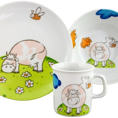 Ensemble petit-déjeuner pour enfants à collectionner avec bol assiette et tasse sur le thème de la vache